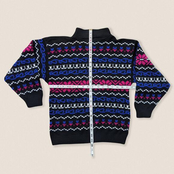 Vintage 80s floral fair isle funky ski grandma Sweater mockneck Medium Women - Picture 3 of 4